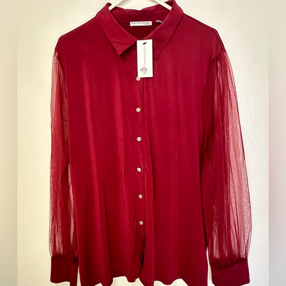 Notations Red Sheer Button-Down Shirt - Picture 2 of 5